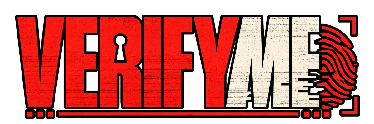Verify Me game logo with red and white lettering and fingerprint graphic