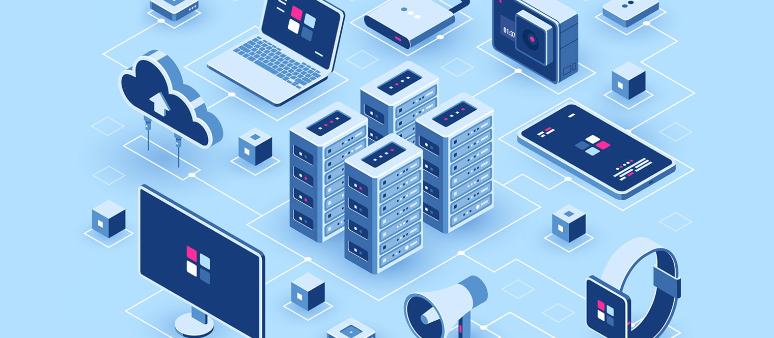 Illustration of connected computers, servers, cloud services, and networked devices
